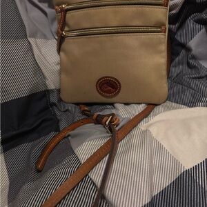 Dooney & Bourke Canvas North South Triple Zip crossbody.  khaki with tan leather
